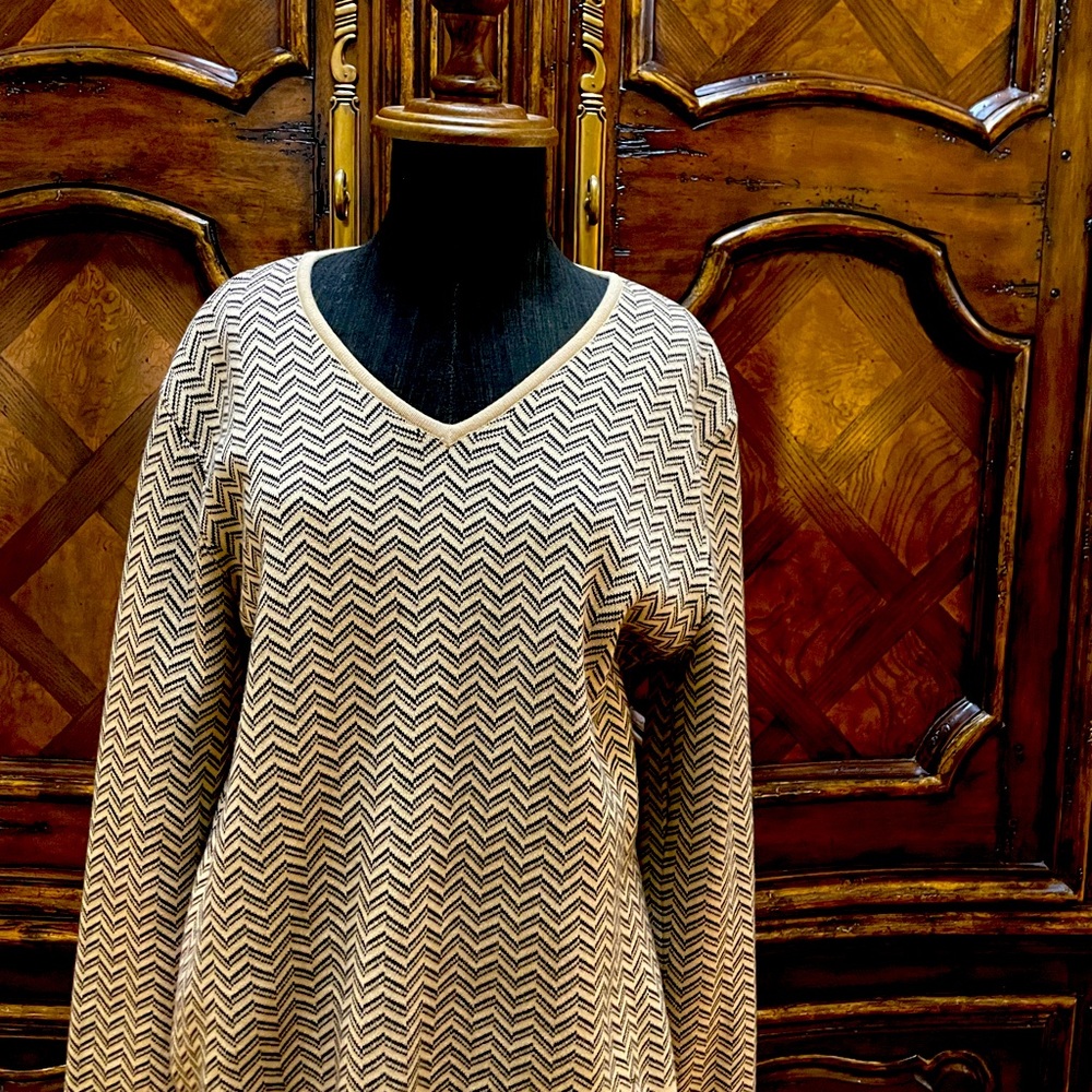 Liz Claiborne V-Neck Brown/Tan Chevron Stripe pattern 100% Cotton Sweater (L)